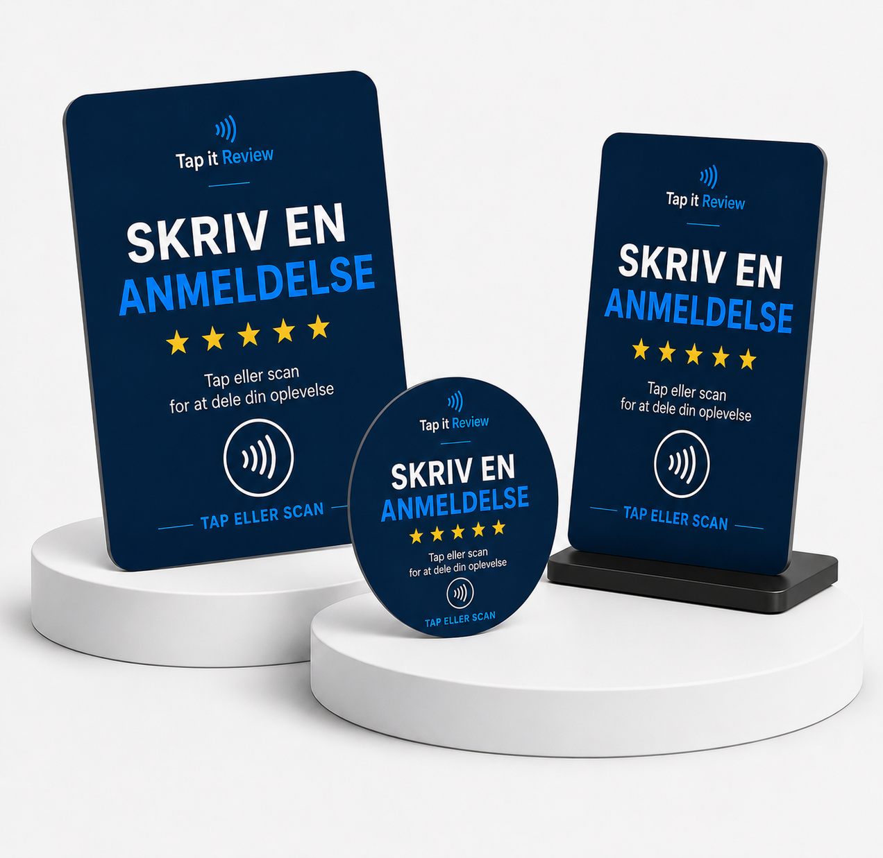 Tap It Review NFC-kort, stander og sticker med dansk tekst